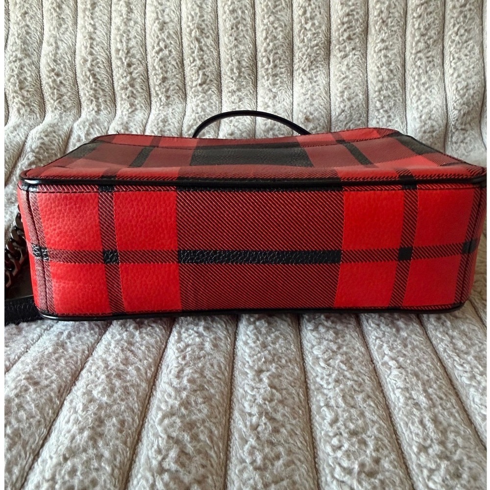 Coach Buffalo Plaid Red Black Leather Crossbody Camera Bag Gunmetal Hardware - Picture 7 of 13
